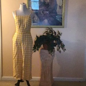 Yellow and white gingham jumpsuit with pockets and adjustable straps